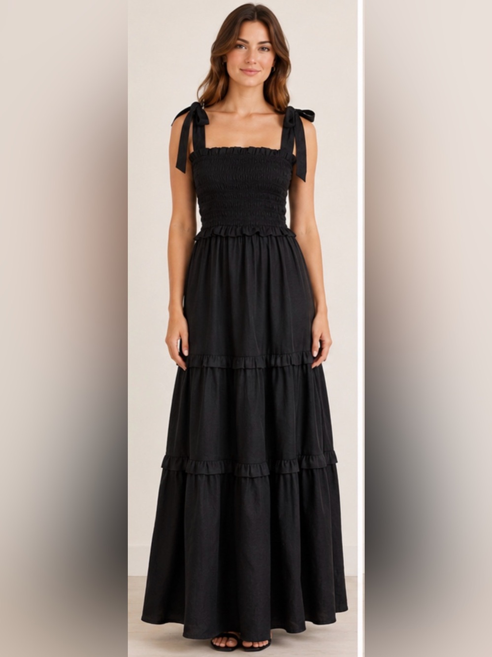Love Tree Black Smocked Tie Shoulder Tiered Maxi Dress Boho Size Medium NWT